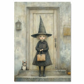 Whimsical Halloween Portrait of Little Witch Girl with Vintage Purse and Kitten on an Aged Porch, Subtle Spooky Charm in Soft Muted Autumn Tones on Ready to Hang 1.5" Thick Canvas Wrap, Floating Framed Canvas, Flat Rolled Canvas